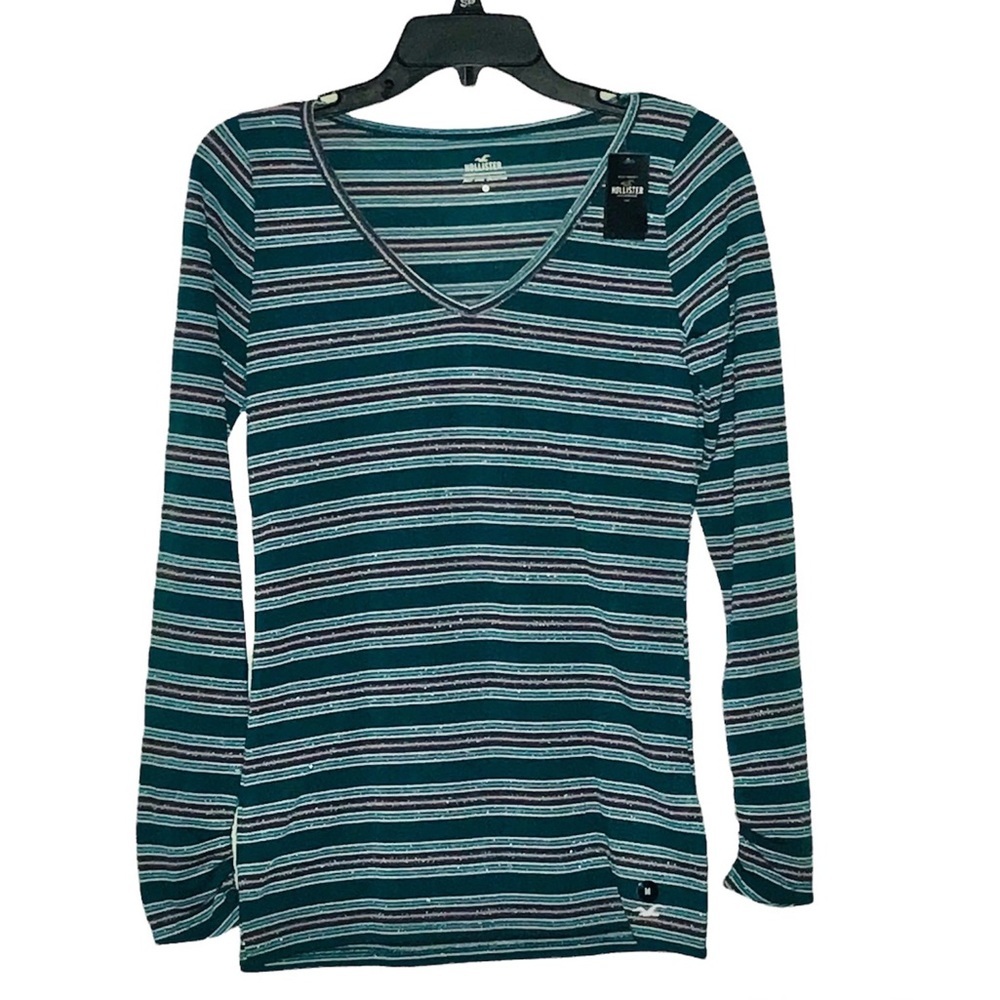 Hollister Must Have Collection Green Striped Holiday V-Neck T-Shirt